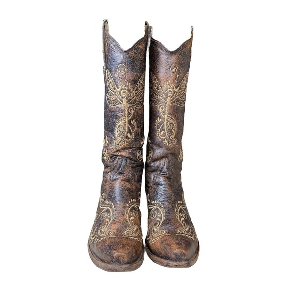 Circle G Western Boots Women's 8M L5001 Brown Leather Embroidered Dragonfly - Picture 2 of 13